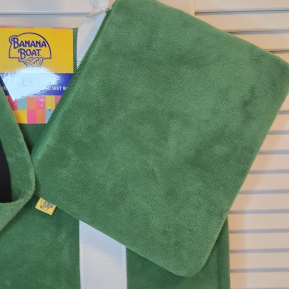 Banana Boat 3 Pc Beach Set Terry Cloth Large Tote Visor Wet Bag Green White - Picture 3 of 14